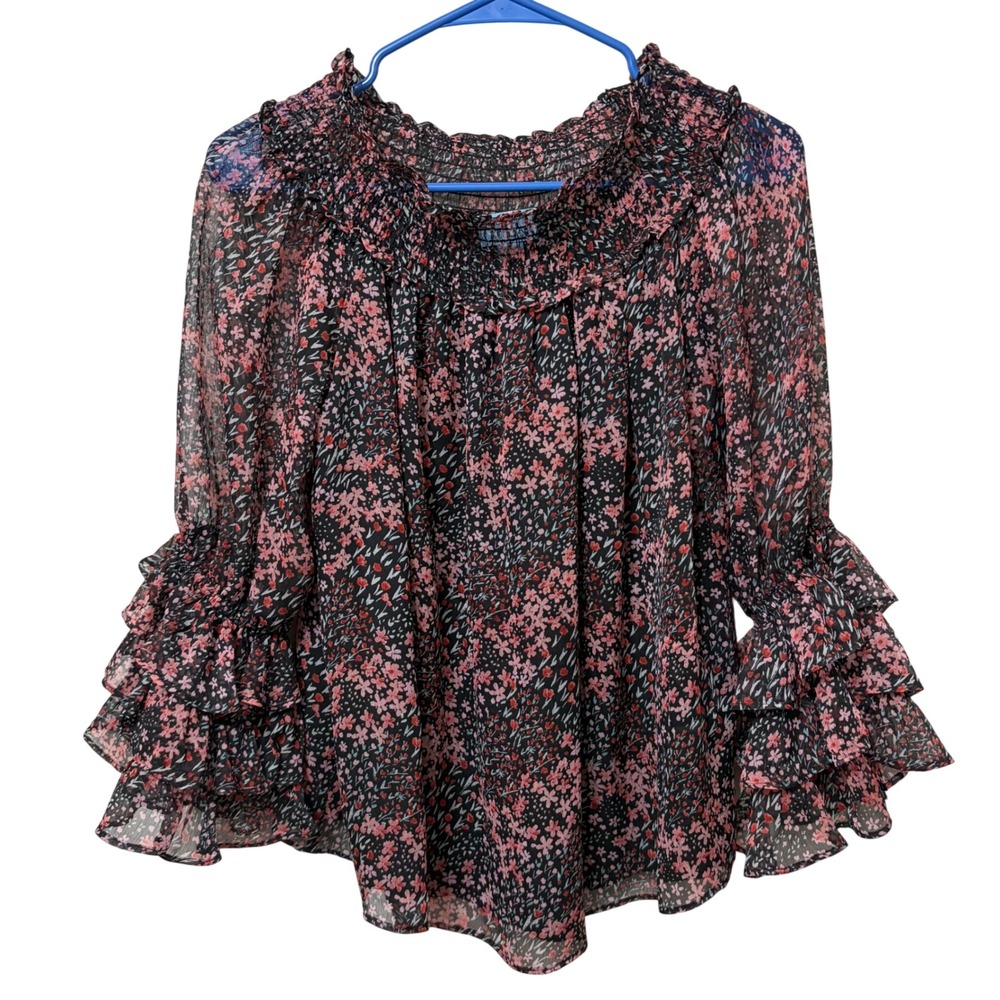 CeCe Floral Smocked Off The Shoulder Blouse Pink Black Ruffle Tiered Sleeve XS